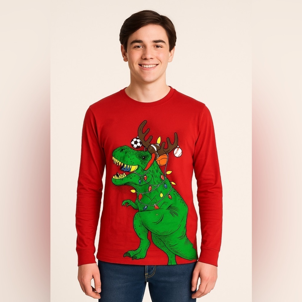 Cat & Jack Red Green Dinosaur Christmas Long Sleeve Tee